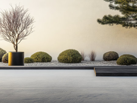 The garden showcases a harmony of nature and design, highlighting smooth stones, neatly arranged round bushes, and a solitary tree in an elegant pot.の素材