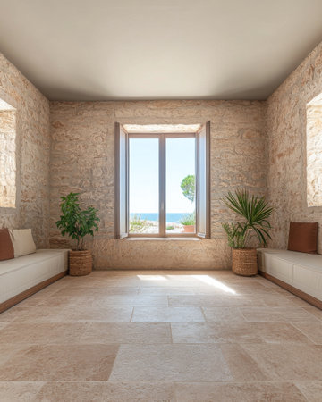A tranquil room features rustic stone walls and ample natural light from large windows, offering a stunning view of the ocean and coastal landscape.の素材