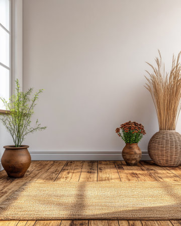 A warm and welcoming interior showcases a wooden floor with a jute rug. Large windows let in natural light, illuminating potted plants and decorative vases.の素材