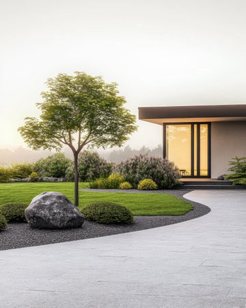The scene showcases a contemporary home set in a beautifully landscaped garden. A solitary tree stands amidst lush greenery and decorative stones under soft morning light.の素材