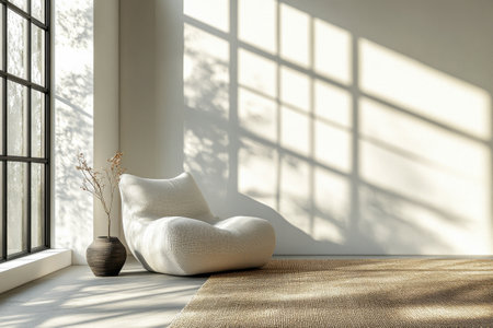 A spacious room features a stylish chair and a simple vase with dried flowers. Soft shadows from the sunlight create an inviting atmosphere in the serene space.の素材