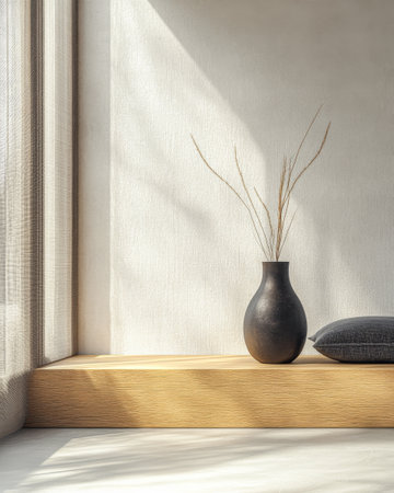 Sunlight streams through sheer curtains, creating soft shadows on the wall, highlighting a simple black vase holding dry grasses on a wooden shelf beside a dark cushion.の素材