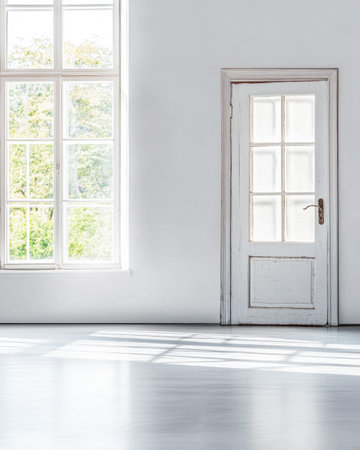 A minimalist room highlights a white door and expansive windows, allowing sunlight to bathe the space in a warm glow, creating a serene atmosphere.の素材