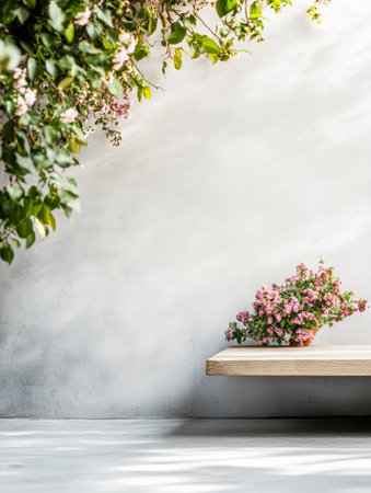 Bright and inviting indoor environment with a wooden table holding a bouquet of pink flowers, surrounded by vibrant greenery against a neutral wall.の素材