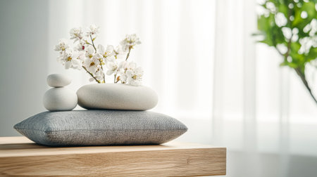 A serene arrangement features smooth pebbles and delicate white blossoms on a soft cushion, illuminated by natural sunlight filtering through sheer curtains in a tranquil space.の素材