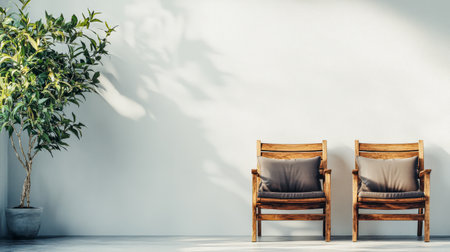 Two comfortable wooden chairs with cushions sit next to a lush green plant, set against a light wall. The natural light casts gentle shadows creating a tranquil atmosphere.の素材