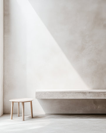 A spacious room features a simple wooden stool beside a concrete bench against a smooth, light-colored wall bathed in natural sunlight.の素材