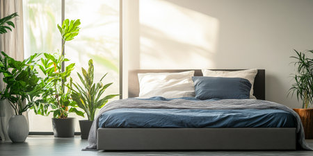 This tranquil bedroom showcases a modern design with a plush bed adorned in soft linens, surrounded by vibrant indoor plants, all illuminated by natural daylight.の素材