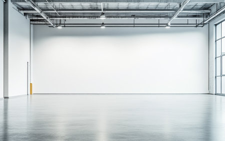 A large, vacant commercial space showcases sleek concrete flooring and minimalistic white walls, highlighting its potential for various layouts and uses.の素材