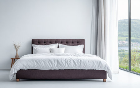 A modern bedroom showcases a stylish bed adorned with white bedding and decorative pillows, surrounded by natural light flowing through large windows with a beautiful outdoor view.の素材