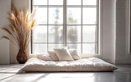 A serene living area features a plush floor cushion adorned with white pillows. Tall pampas grass in a woven vase adds a touch of nature, complemented by ample daylight through large windows.の素材