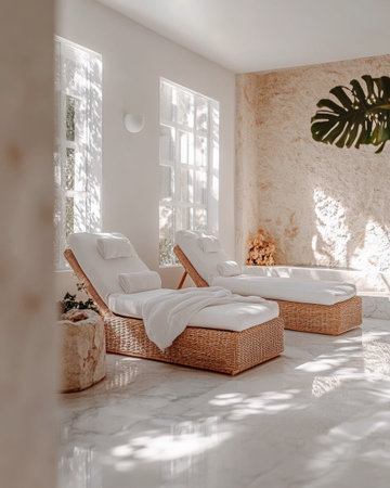 A beautifully arranged living room features a white sofa adorned with various pillows and a warm blanket, creating a serene and inviting space filled with natural light.の素材