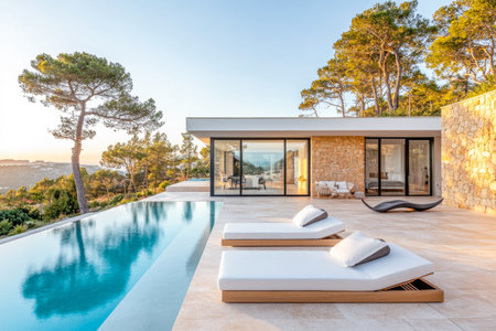 A minimalist living room features a large, soft seating area adorned with beige and white cushions. Natural light streams through sheer curtains, illuminating the space.の素材