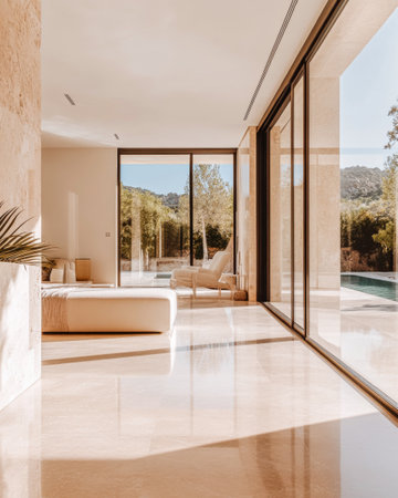 A bright living room features a spacious white sofa with plush pillows and round woven seating, enhanced by natural light and beachside views through large windows.の素材