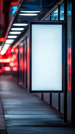A blank advertising board stands illuminated on a bustling city sidewalk at night. The surroundings are filled with vibrant reflections and ambient light, creating an energetic atmosphere.の素材