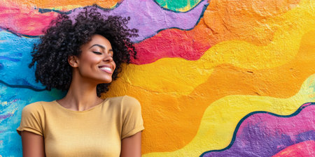 A woman with curly hair, smiling brightly as she leans against a colorful mural. The wavy patterns of the background echo her vibrant and lively personality.の素材