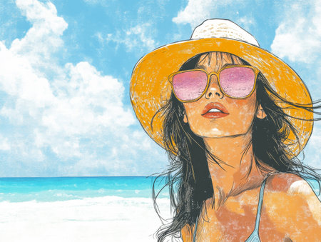 The woman stands by the beach, wearing a straw hat and sunglasses, as her hair flows in the breeze. The vibrant blue sky and ocean create a serene backdrop.の素材