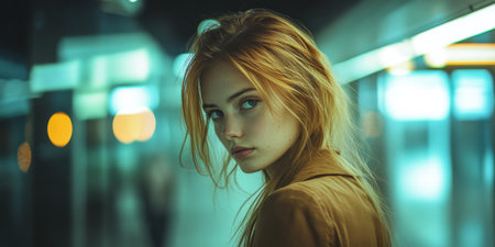 A young woman stands in a subway station, her hair flowing gently as she turns to look over her shoulder, bathed in soft neon lights and city reflections.の素材