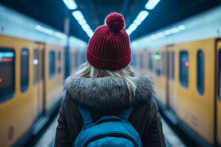 A traveler waiting at a vibrant train station, dressed warmly in a red hat and backpack, prepares for their journey as trains approach in the evening.の素材