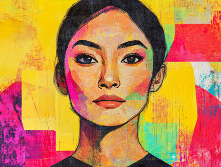 A striking portrait of a woman showcases her features against a dynamic, colorful background. The artwork blends vibrant colors and abstract shapes beautifully.の素材