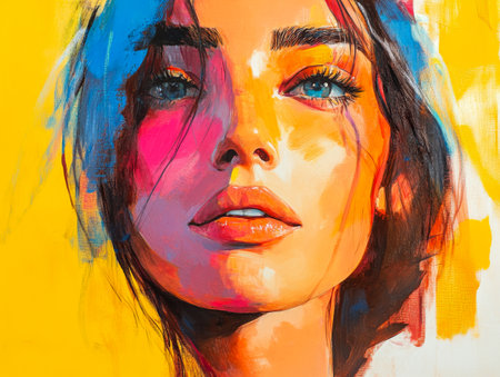 A young woman is depicted with striking blue eyes and a vivid expression, surrounded by splashes of yellow and other bright colors, showcasing modern artistic style.の素材