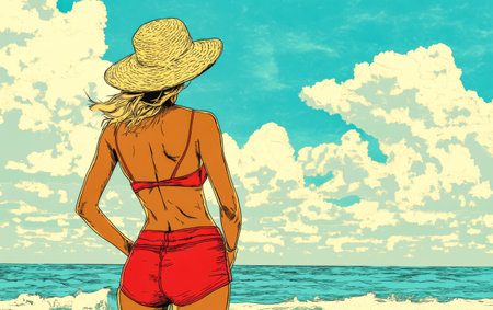 Standing on the shore, a woman wearing a red bikini and a wide-brimmed straw hat gazes at the endless ocean under a bright blue sky adorned with fluffy clouds.の素材