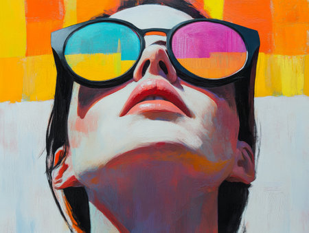 The woman leans back slightly, basking in the warmth of the sun, with her colorful sunglasses reflecting bright hues of summer. The background bursts with vivid colors.の素材