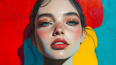 A woman with striking makeup featuring bold colors stands confidently in front of a mural, highlighting her features against a vivid background in bright hues.の素材
