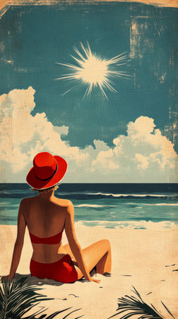A woman wearing a red swimsuit and matching hat relaxes on a sandy beach, soaking up the sun and enjoying the ocean breeze under a bright sky filled with clouds.の素材