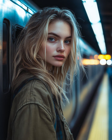 Young woman with tousled hair stands near a subway platform in the city during the evening, gazing thoughtfully as trains pass byの素材
