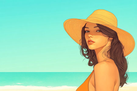The bright sun illuminates a woman relaxing at the beach. She wears an orange swimsuit and a large straw hat, gazing serenely at the ocean waves.の素材