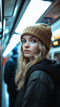 A young woman in a brown beanie stands on a subway, gazing thoughtfully as blurred passengers move around her during evening hoursの素材