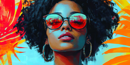 The woman exudes confidence with her curly hair and oversized sunglasses, set against a vibrant backdrop of bold tropical colors and textures.の素材
