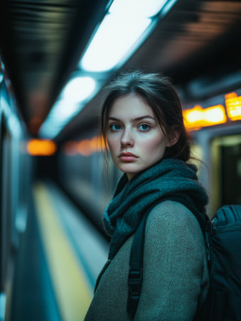 A young woman waits at a subway station while looking thoughtfully at the approaching train on a cool eveningの素材