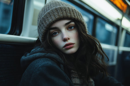 The woman leans against the train's window, her expression contemplative as the city passes by. Soft light highlights her features, creating a serene atmosphere.の素材