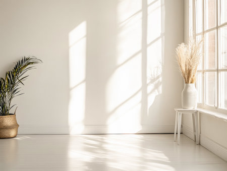 Natural light fills a minimalistic room, highlighting a green potted plant and a white vase with dried flowers beside a small wooden table.の素材
