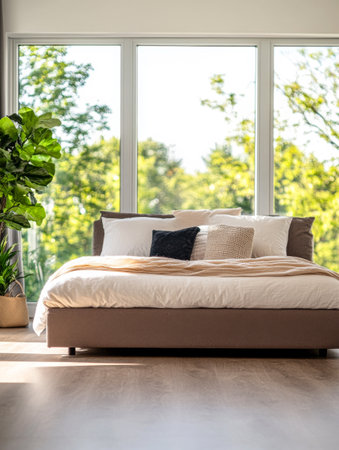 A spacious bedroom features a large bed adorned with pillows and a cozy blanket, complemented by a leafy plant and a view of lush greenery outside the wide window.の素材