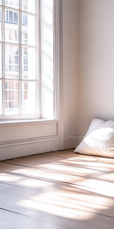 Morning sunlight fills a bright, airy room, casting soft shadows on the wooden floor where a peaceful white pillow rests against the wall, creating a tranquil atmosphere.の素材