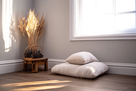 A peaceful corner featuring soft floor cushions and a wooden stool with dried plants, illuminated by gentle sunlight streaming through the window.の素材