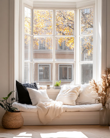 Natural light streams through a large bay window adorned with comfortable white cushions, showcasing a view of vibrant autumn leaves outside.の素材