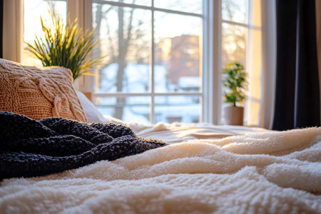 A bright bedroom features natural light pouring in from large windows, highlighting a soft bed adorned with textured blankets and decorative pillows, creating a tranquil atmosphere.の素材