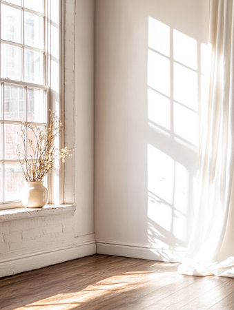 Warm sunlight fills a bright corner of a minimalist room, casting gentle shadows against the wall while a vase of dried flowers adds a touch of nature.の素材