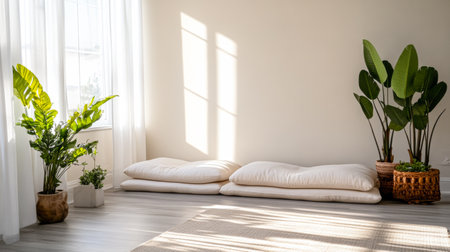 A bright, inviting corner in a minimalist room showcases large floor cushions beside potted plants. Sunlight streams through sheer curtains, enhancing the tranquil atmosphere.の素材