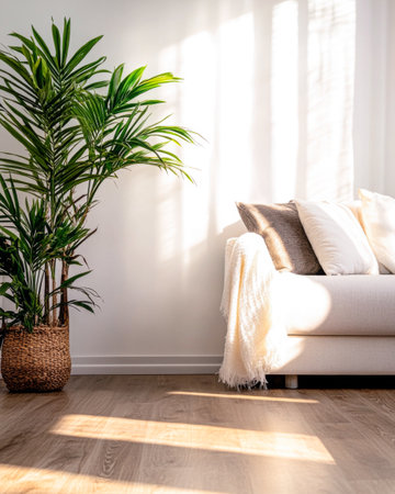 A bright and inviting living room features a comfortable sofa adorned with soft pillows. Sunlight filters through the windows, illuminating a vibrant indoor plant by the couch.の素材