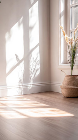Natural light pours into a serene room, creating soft shadows on the wooden flooring. A decorative plant in a woven basket adds a touch of tranquility to the space.の素材