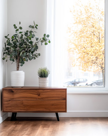 A stylish wooden cabinet sits against a well-lit wall, adorned with two potted plants. The large window offers a glimpse of colorful autumn trees outside.の素材
