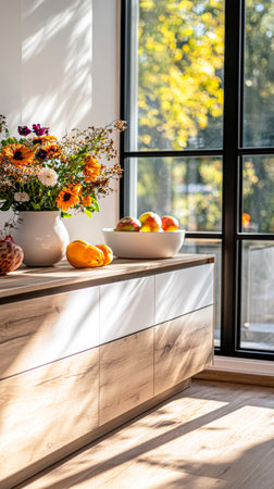 A bright kitchen showcases a wooden countertop adorned with a vase of colorful flowers and a bowl of fresh fruit. Sunlight pours through large windows, enhancing the warm atmosphere.の素材