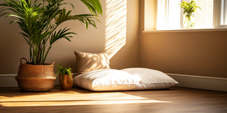 A warm and inviting indoor space features a large plant beside soft cushions, bathed in gentle sunlight streaming through the window, promoting tranquility.の素材