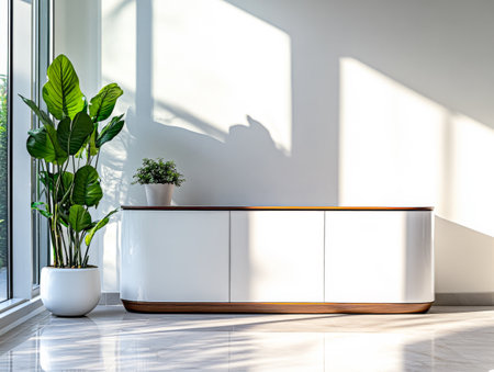 A contemporary living space showcases a sleek white cabinet with wooden edges, complemented by lush green plants basking in warm sunlight.の素材