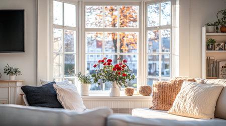 In a stylish living room filled with soft pillows and plants, a bouquet of red flowers stands out by the sunny bay window, showcasing vibrant autumn foliage outside.の素材